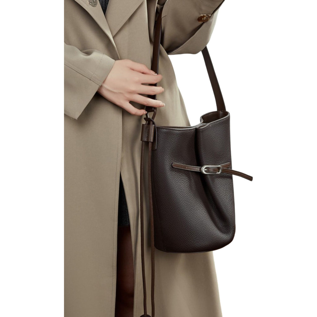 Pebbled Leather Bucket Shoulder Tote with Adjustable Buckle Accent and Open Top Design