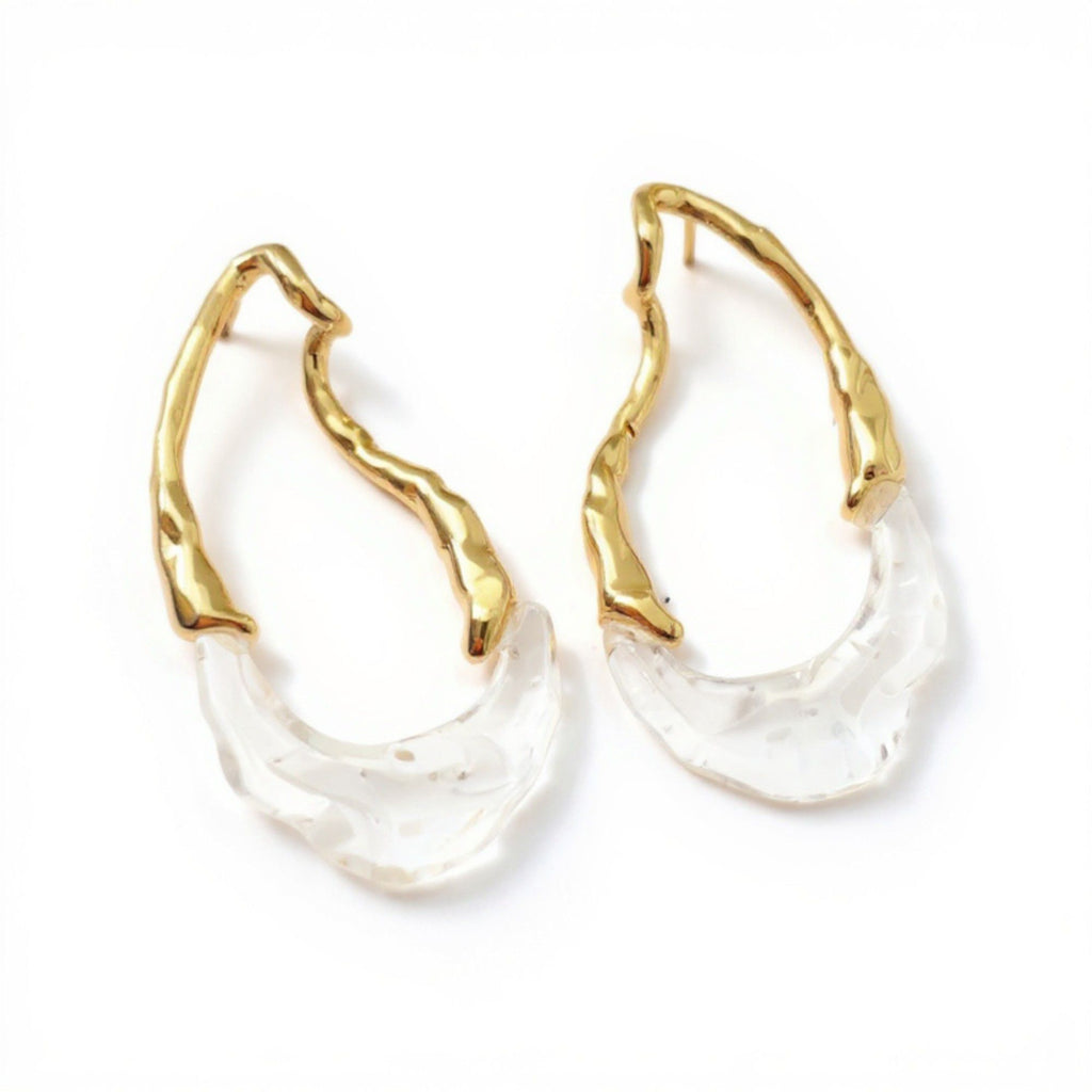 Women's Abstract Hoop Earrings with Textured Metal and Clear Resin Design 2in