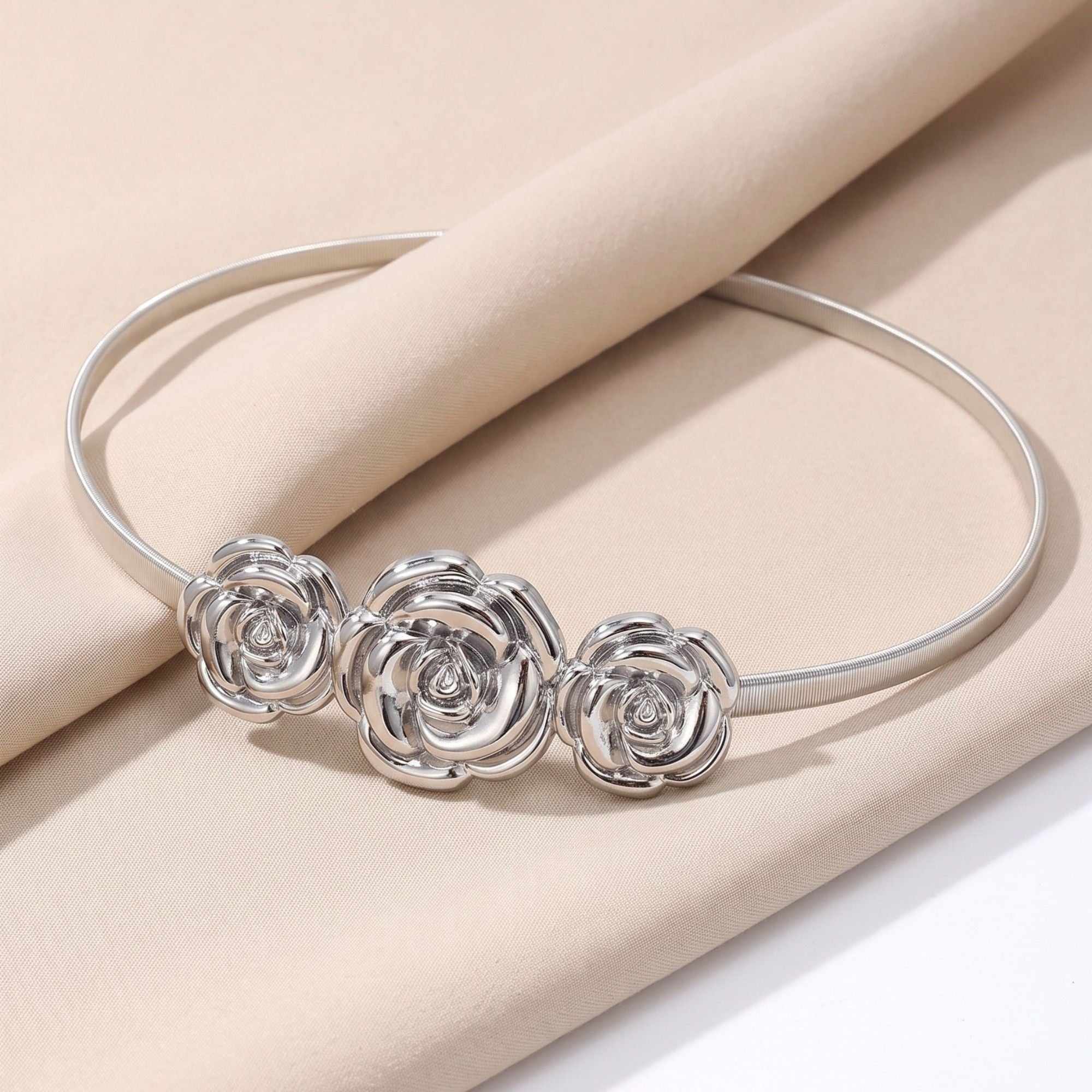 Triple Rose Thin Metal Waist Belt Adjustable Minimalist Floral Waist Jewelry 47.2in