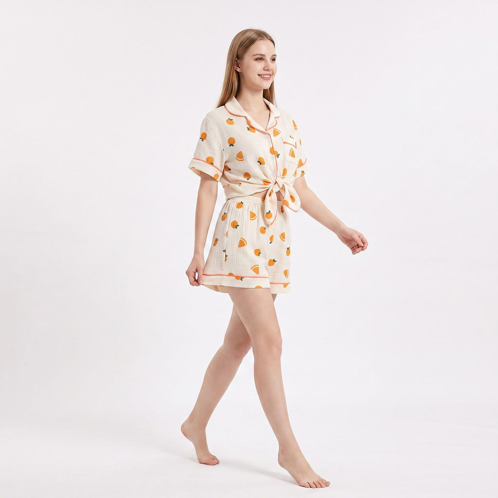 2-Piece Set Fruit Print Button Front Pajama Top and Relaxed Pants Sleepwear