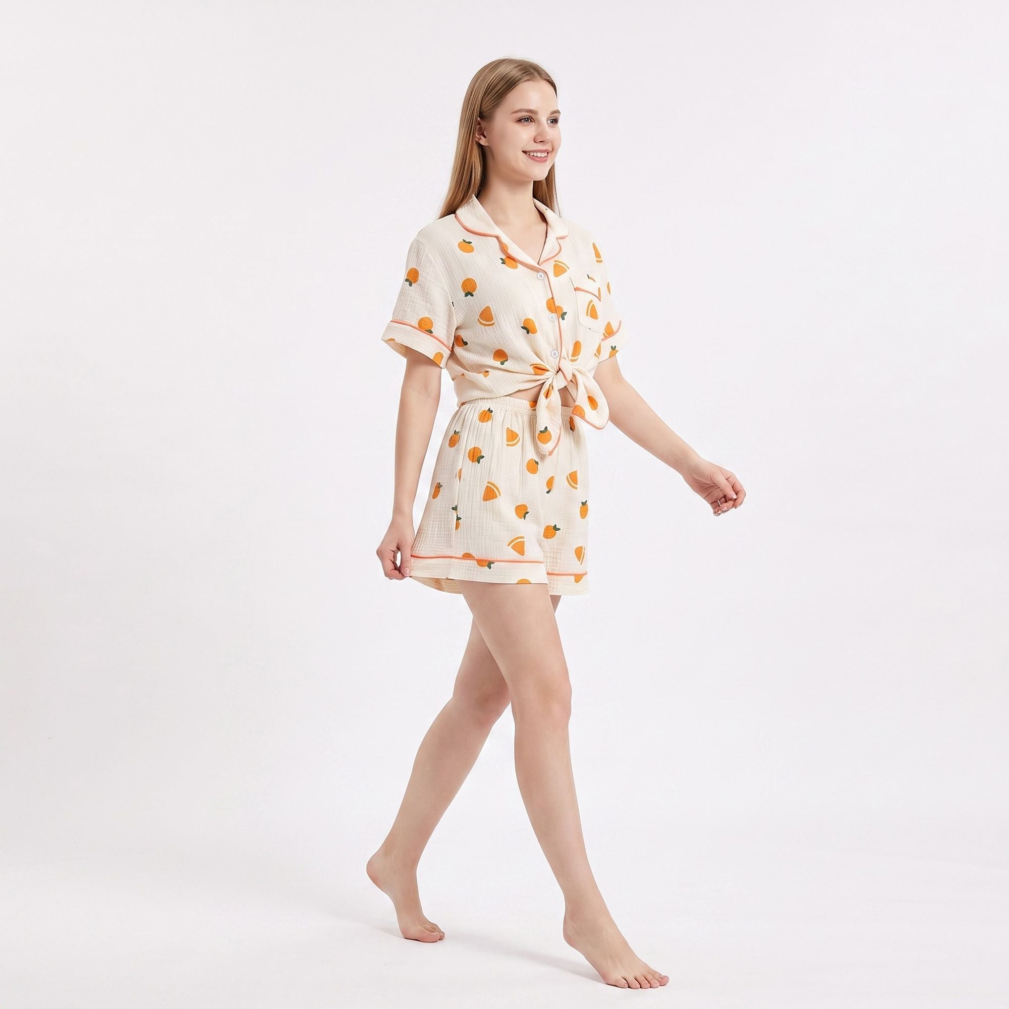 2-Piece Set Fruit Print Button Front Pajama Top and Relaxed Pants Sleepwear