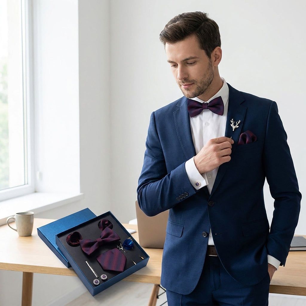 Men's Micro Grid Pattern Bow Tie Gift Set Pre-Tied Bowtie Pocket Square Cufflinks Tie Clip Formal Accessory Set