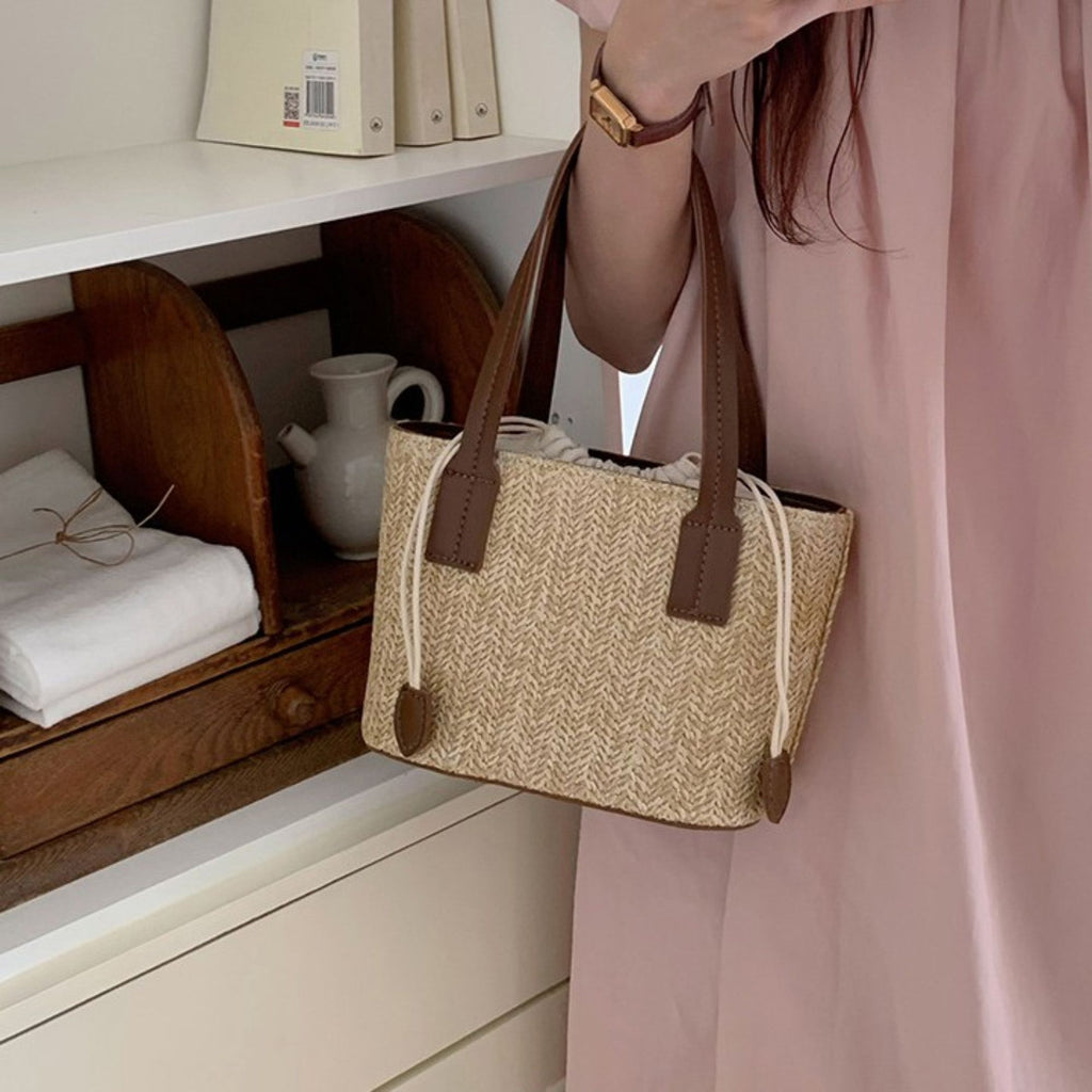Summer PU Straw Woven Drawstring Handbag with Inner Zipper Pocket