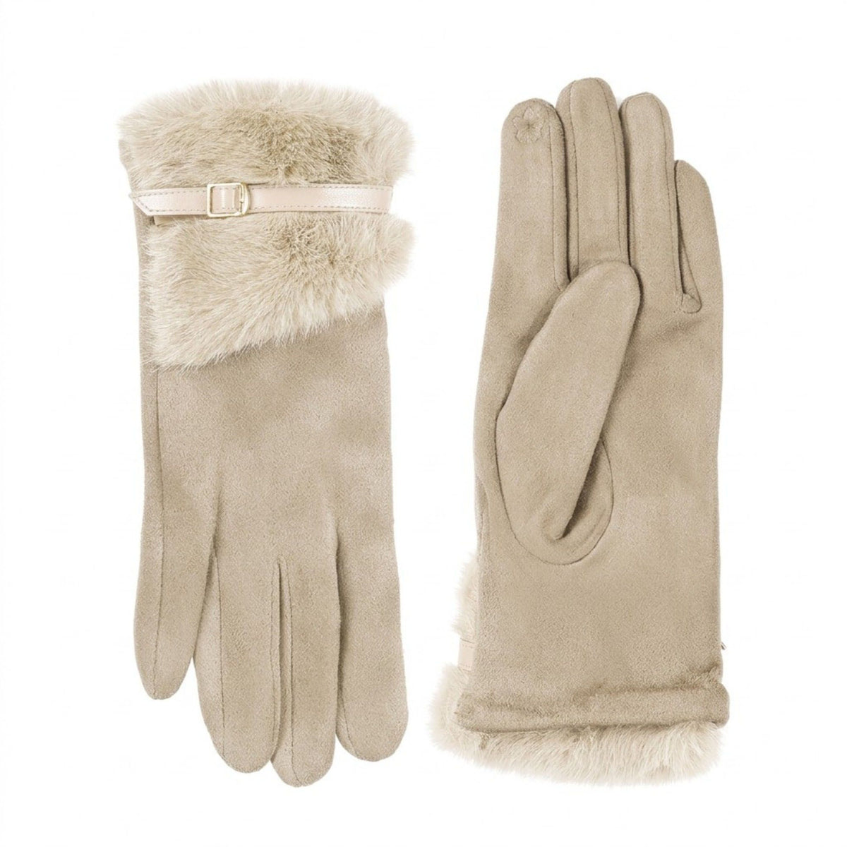 Faux Suede Gloves with Faux Fur Cuff and Buckle Detail 9.9 x 3.9in