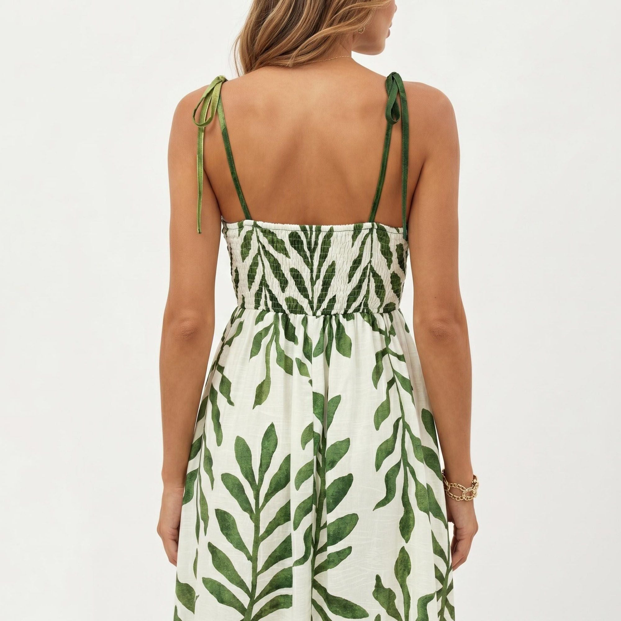 Anna-Kaci Women's Sleeveless Midi Dress with Leaf Print Tie Shoulder Straps Smocked Back Flowy A-Line Silhouette