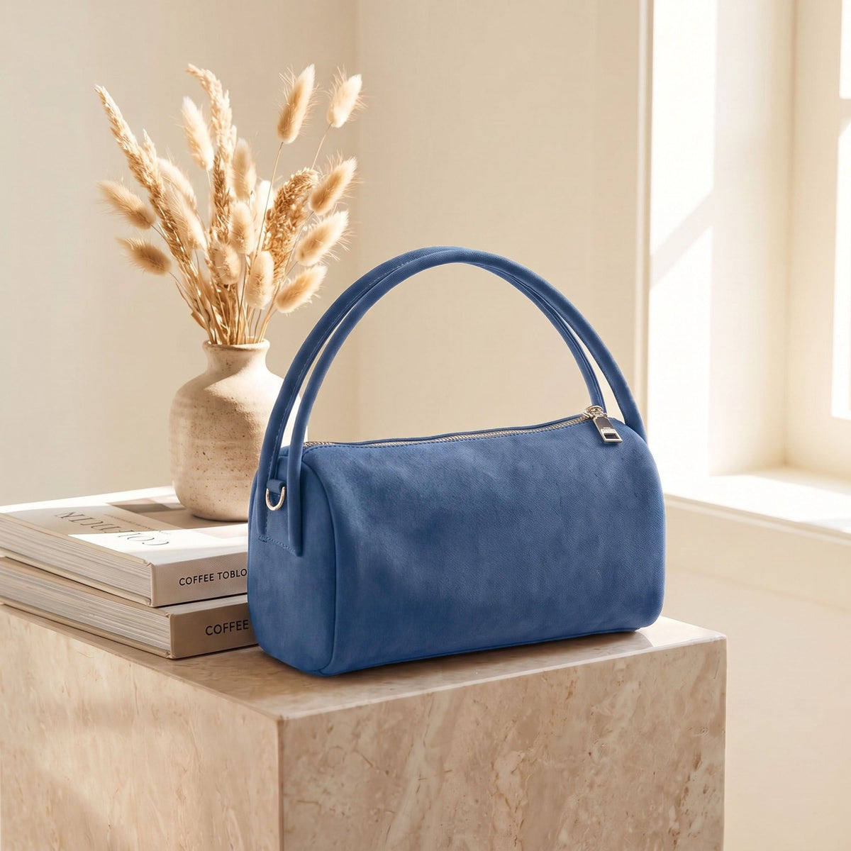 Faux Suede Handbag with Detachable Crossbody Strap and Zipper Closure