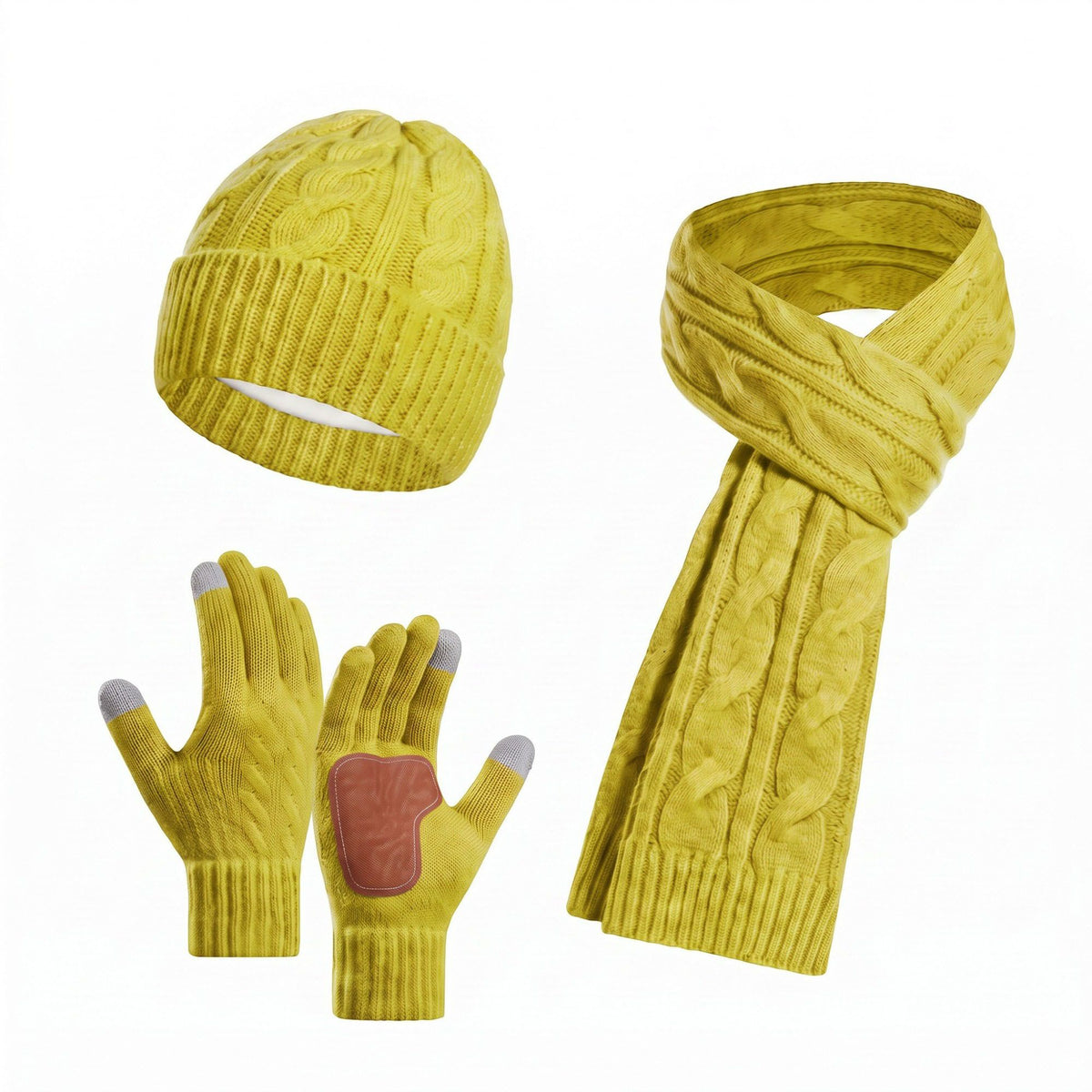 3 Piece Cable Knit Beanie Scarf and Touchscreen Gloves Set