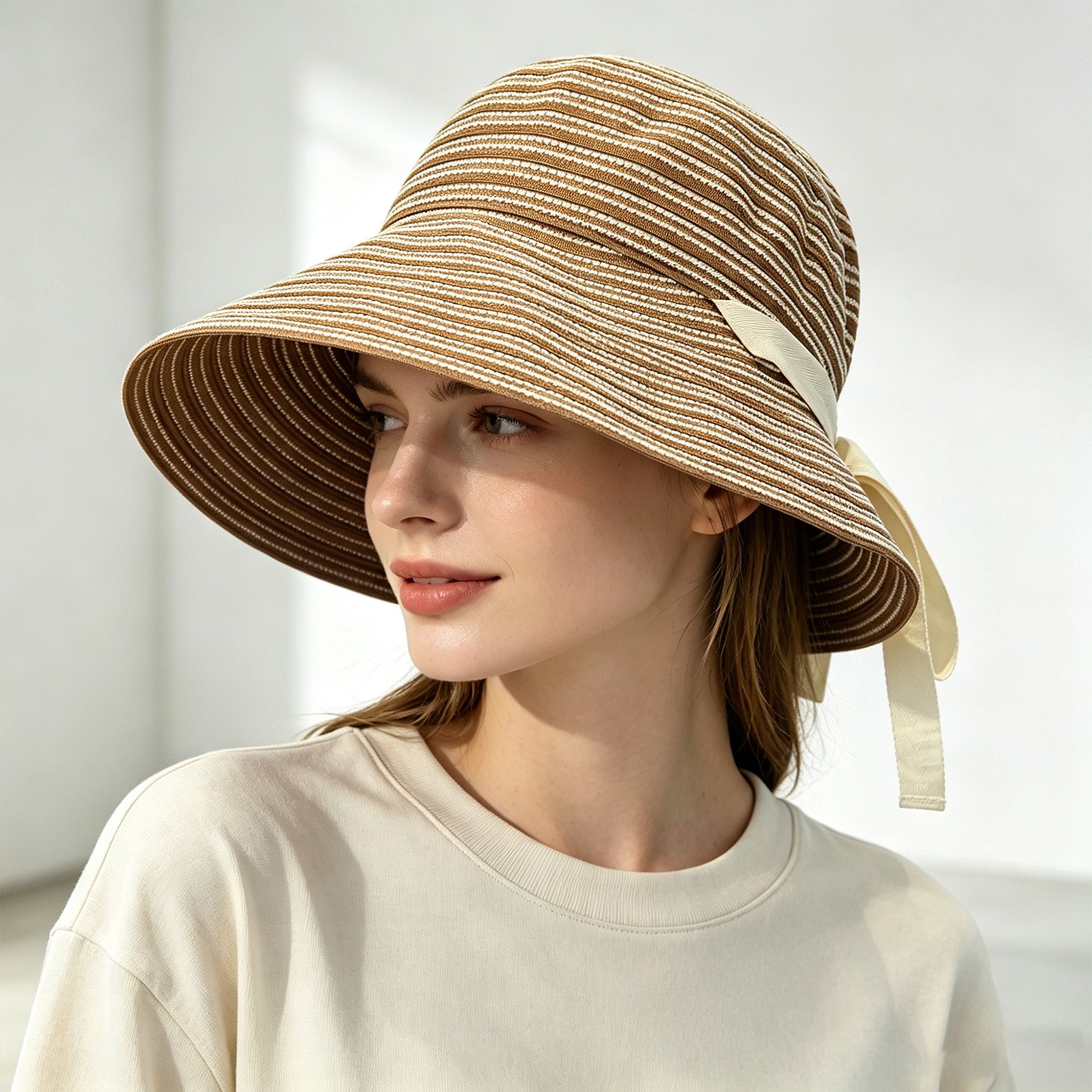 Striped Wide Brim Sun Hat with Tie Back