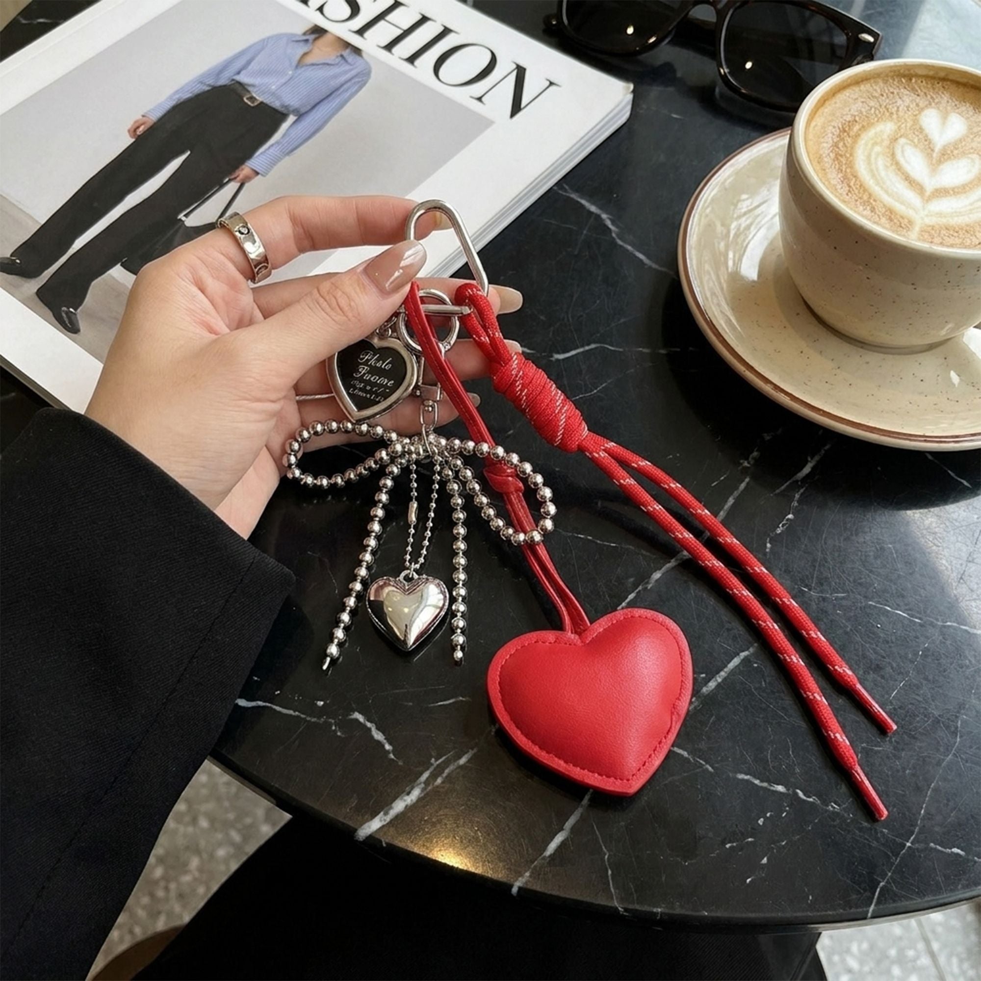 Heart Bag Charm Keychain with Beaded Bow Accent Clip and Faux Leather Heart Pendant