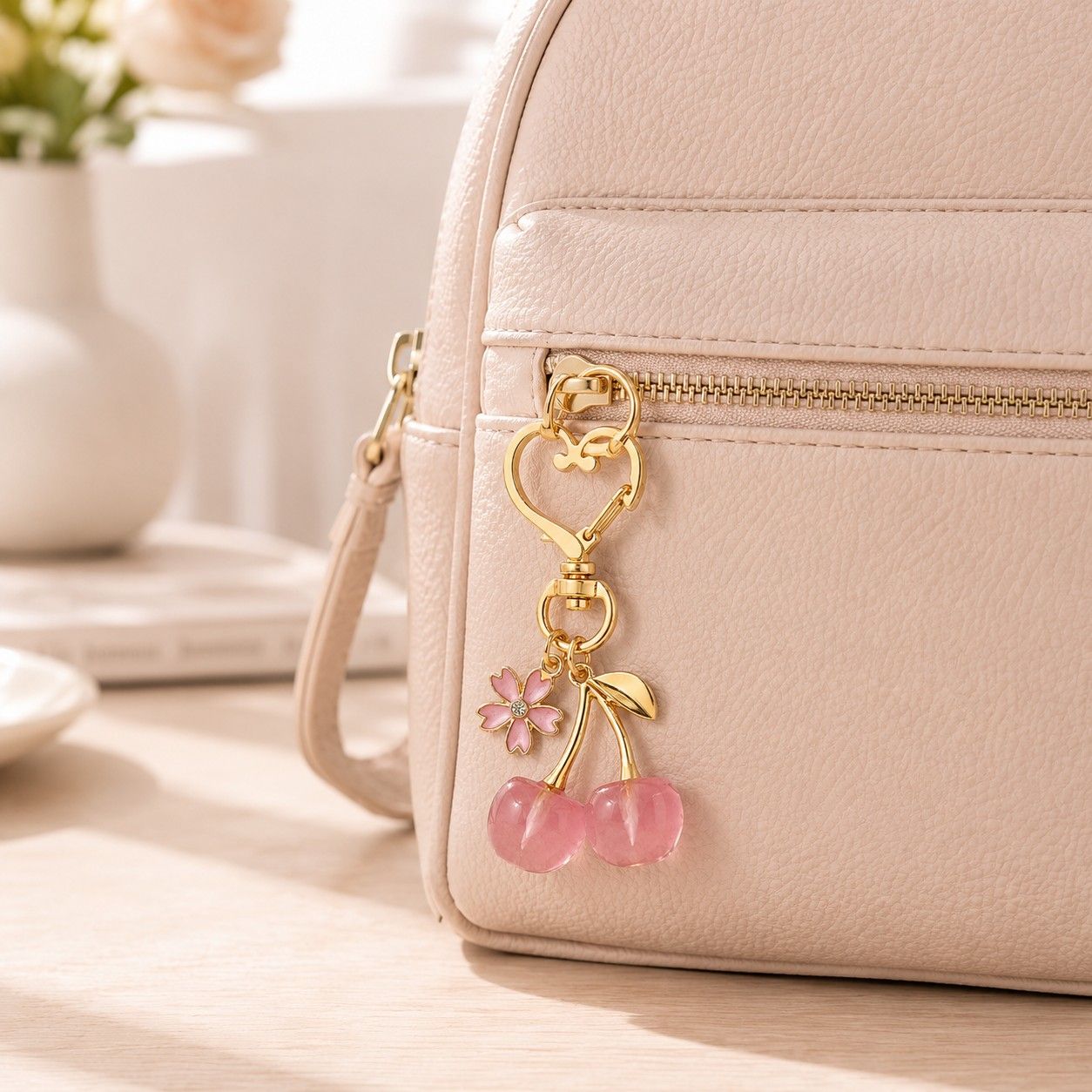 2-Pack Translucent Cherry Bag Charm Keychains with Flower Accents and Gold-Tone Heart Clasps