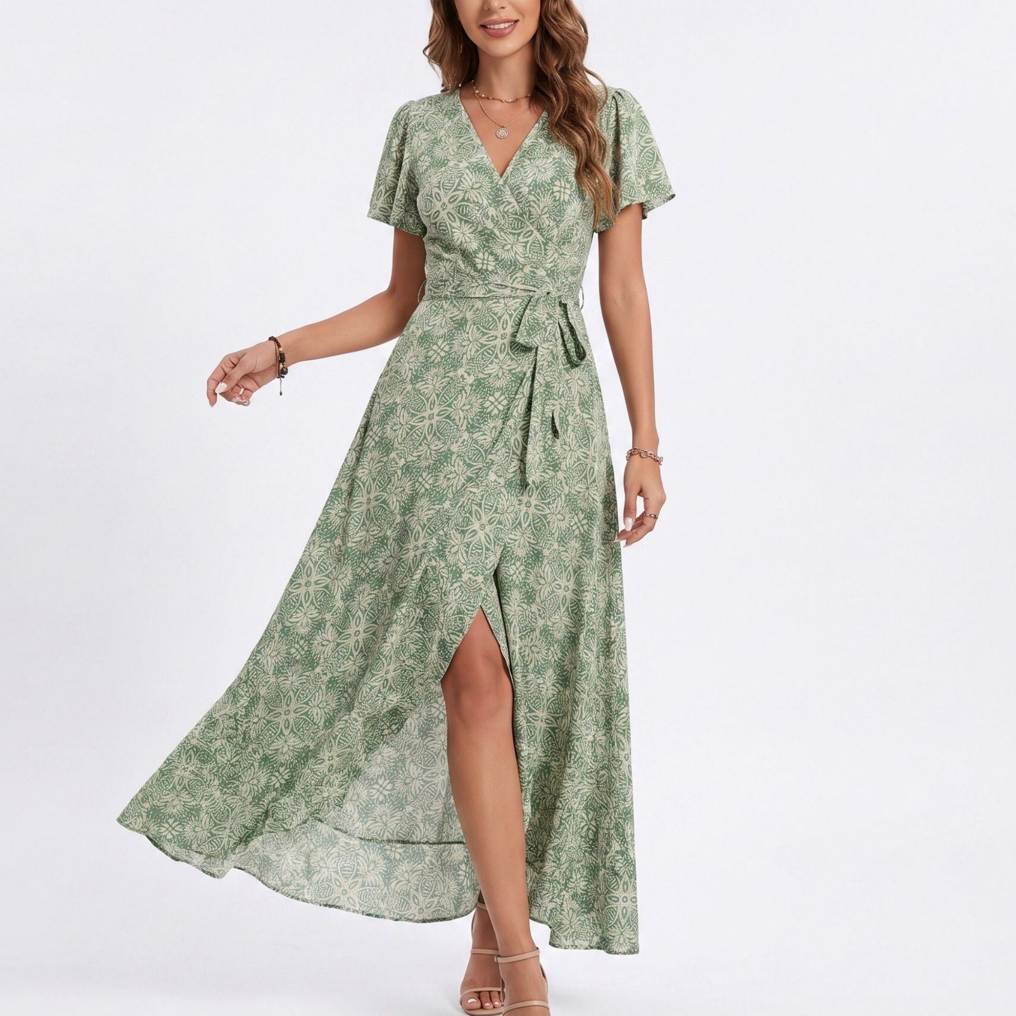 Red women's maxi dress with floral, flutter sleeve and v neck