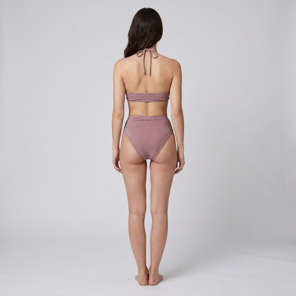 Shimmer Halter Cutout One Piece Swimsuit with Beaded Strap Detail Ruched Bust and High Cut Leg