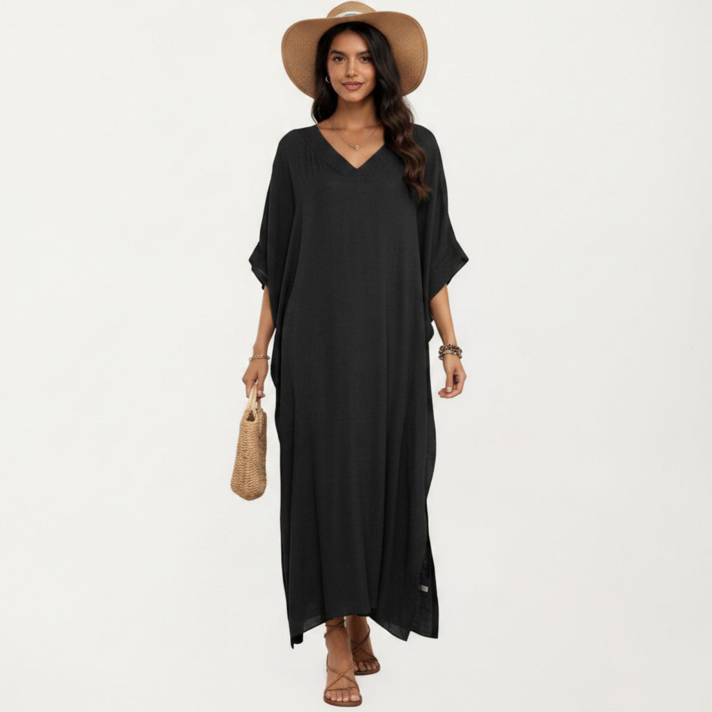 Anna-Kaci Women's V-Neck Maxi Swim Cover Up Dress Loose Short Sleeve Lightweight Beach Caftan