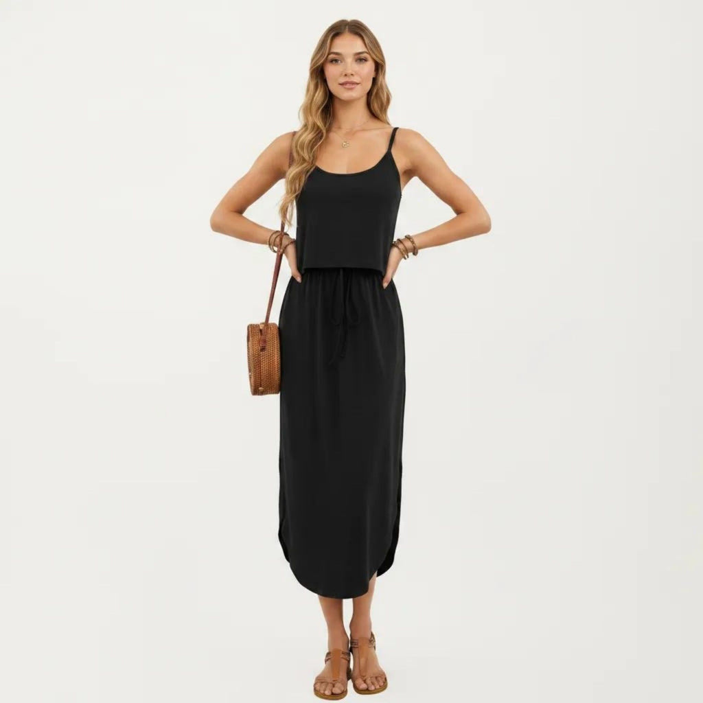 Anna-Kaci Women's Sleeveless Midi Dress with Spaghetti Straps and Adjustable Drawstring Waist Relaxed Fit Silhouette