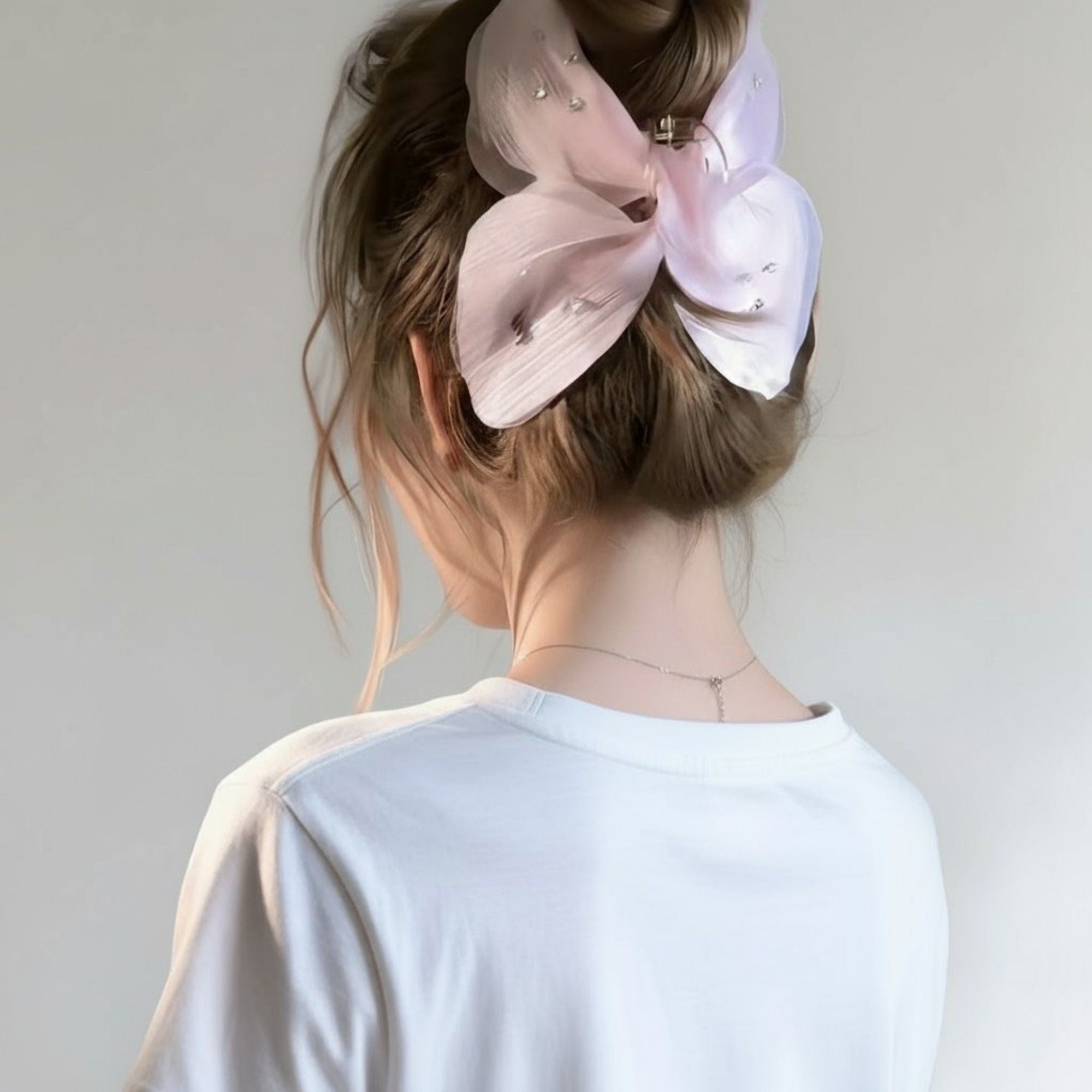 Sheer Organza Bow Hair Clip with Rhinestone Embellishments and Elegant Layered Design