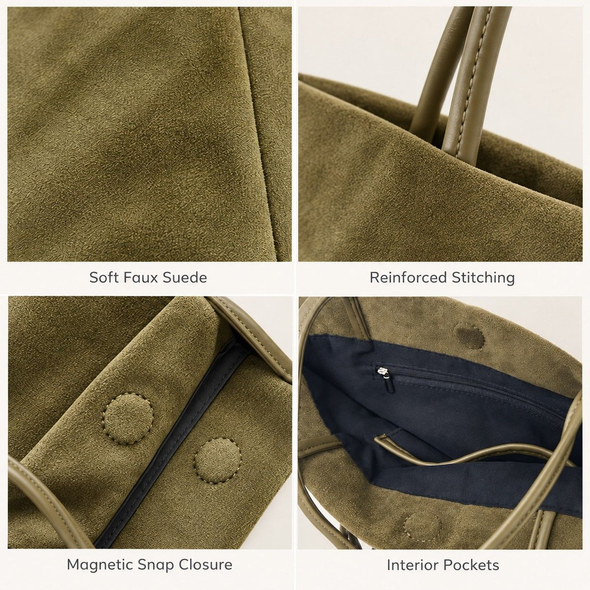 Faux Suede Tote Bag with Double Shoulder Handles Magnetic Closure and Interior Pockets