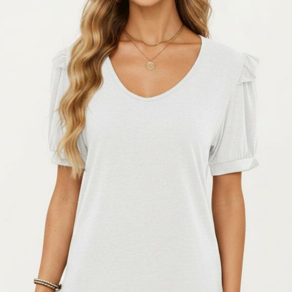 Anna-Kaci Women's Short Puff Sleeve Top with Scoop Neck Textured Knit Relaxed Fit Casual Shirt