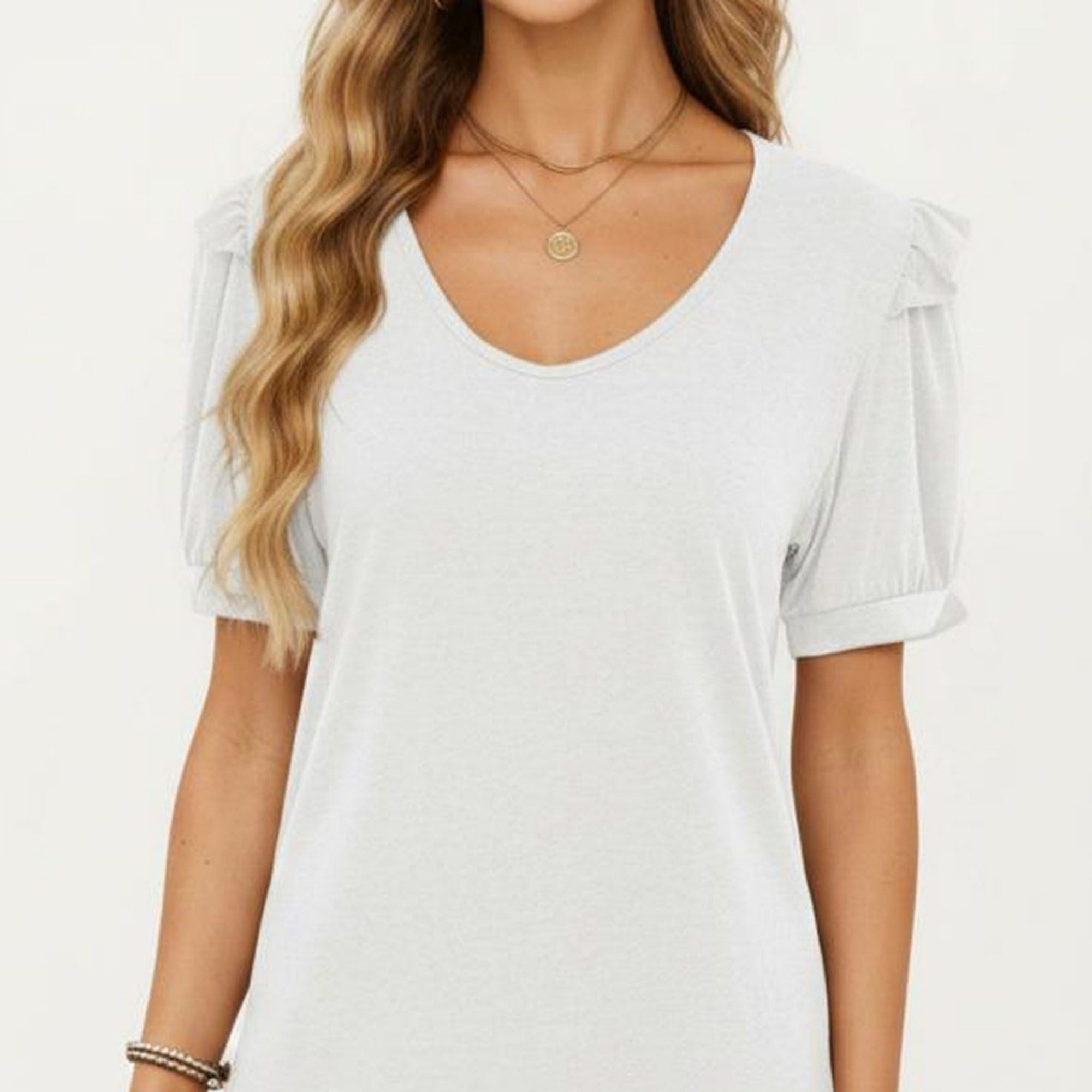 Anna-Kaci Women's Short Puff Sleeve Top with Scoop Neck Textured Knit Relaxed Fit Casual Shirt