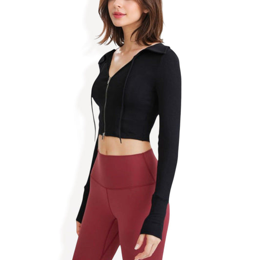 Zip Front Cropped Hoodie with Long Sleeves and Thumb Holes