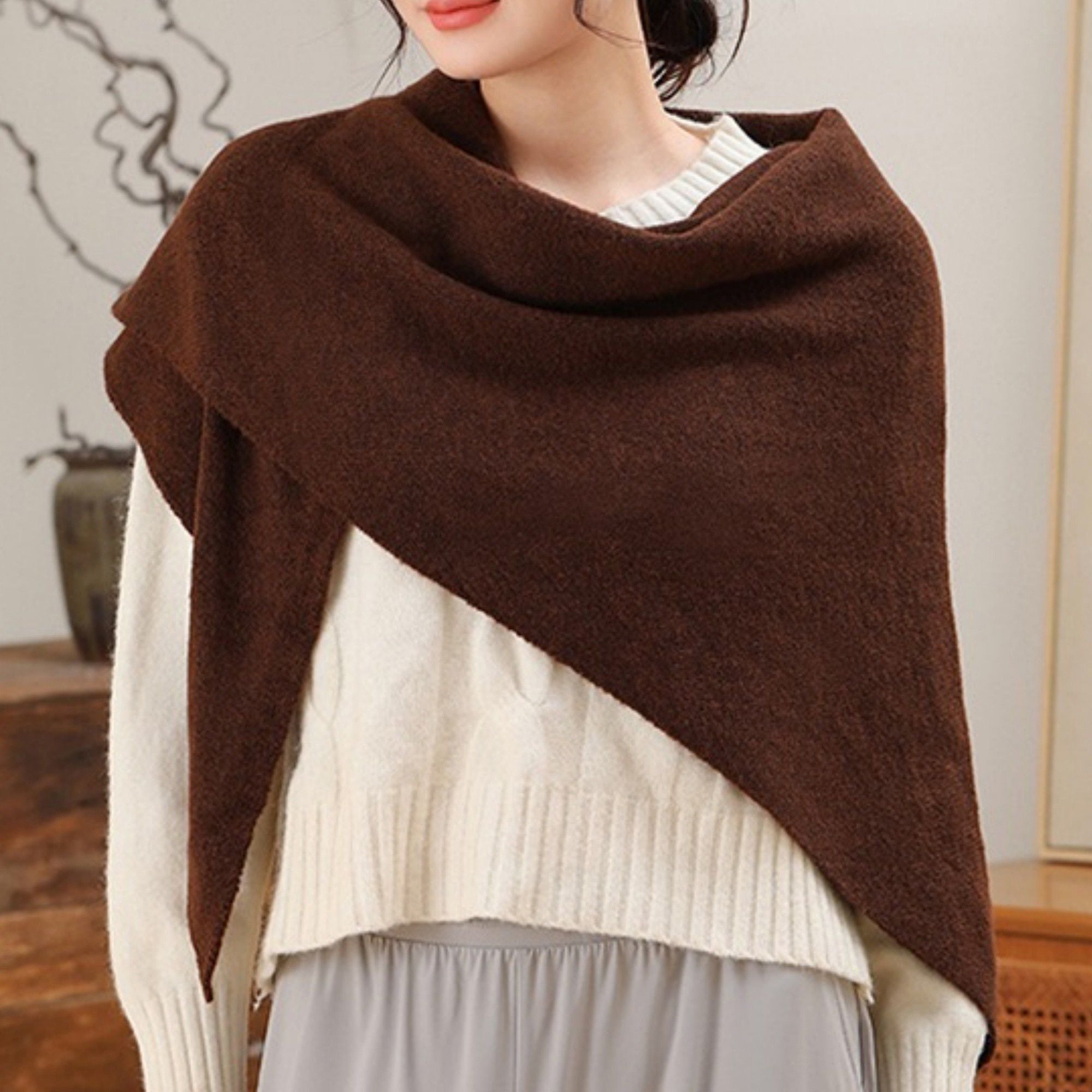 Anna-Kaci Women's Soft Solid Knit Scarf with Draped Shape, Smooth Textured Finish, and Versatile Wrap Styling Design 68.5x45.5x28.5in