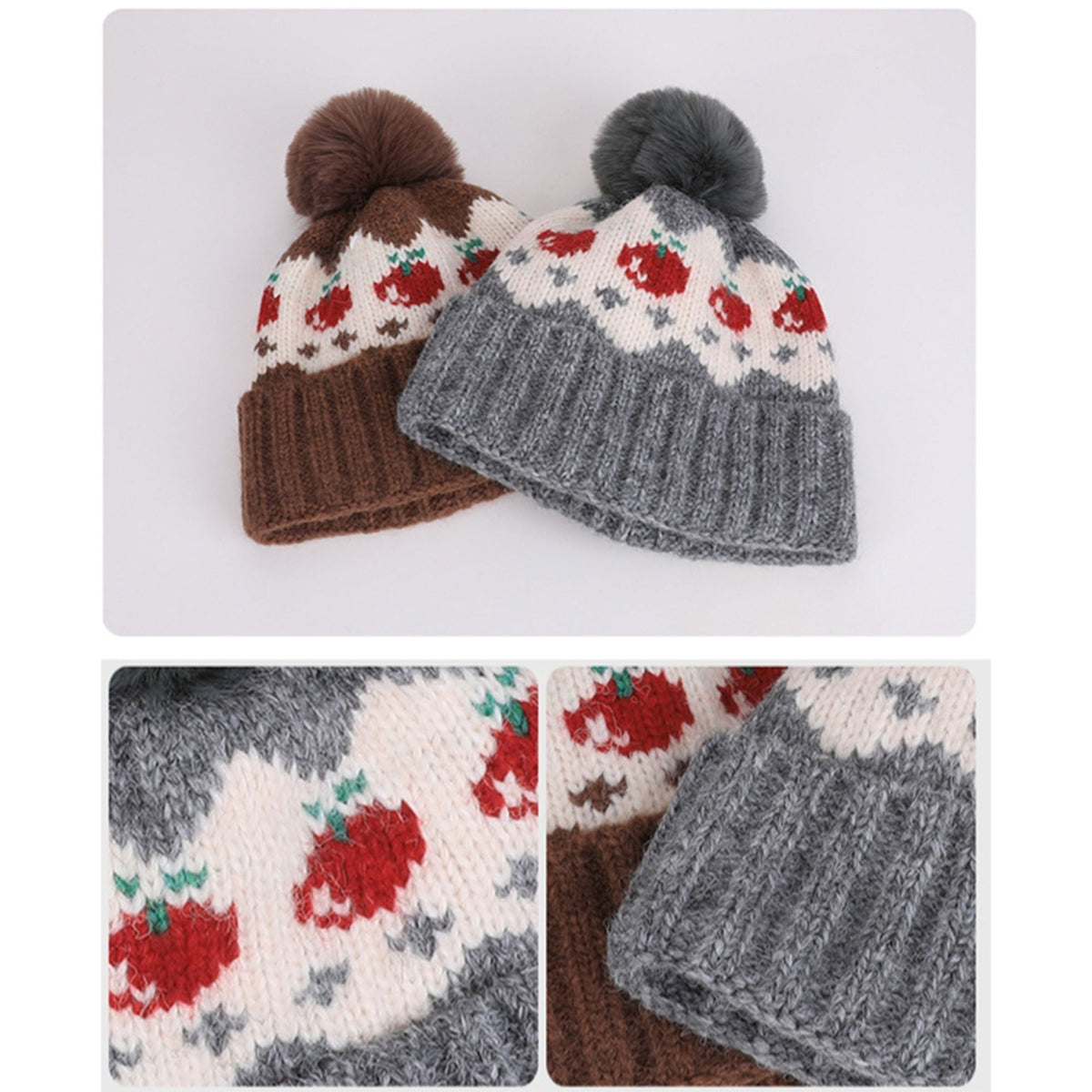Fair Isle Pom Pom Knit Beanie with Ribbed Cuff Winter Hat