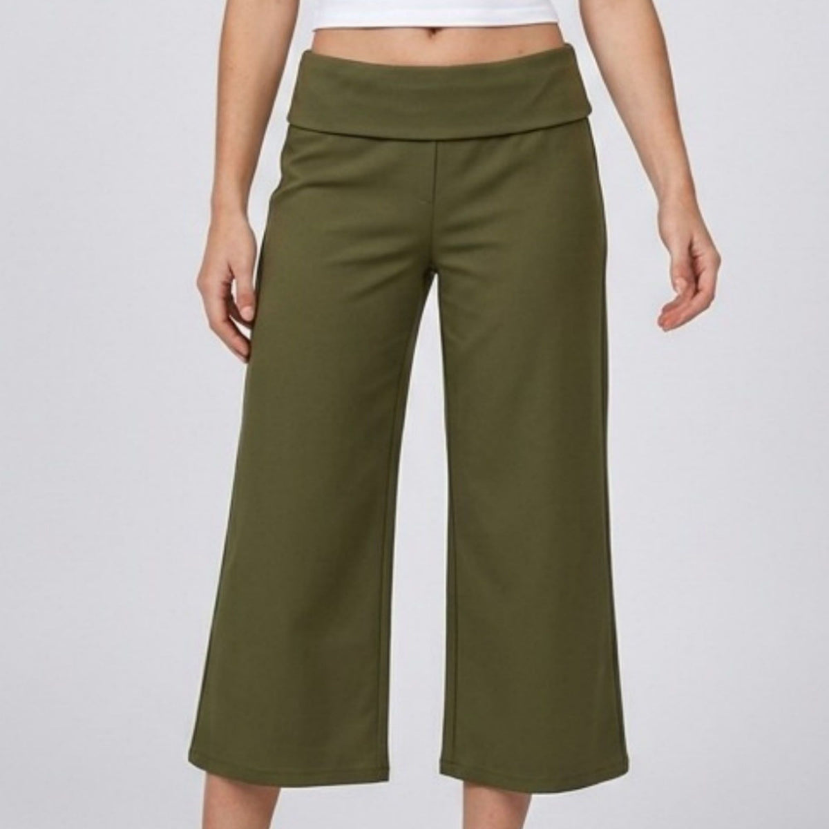 Foldover Waistband Cropped Wide-Leg Trousers