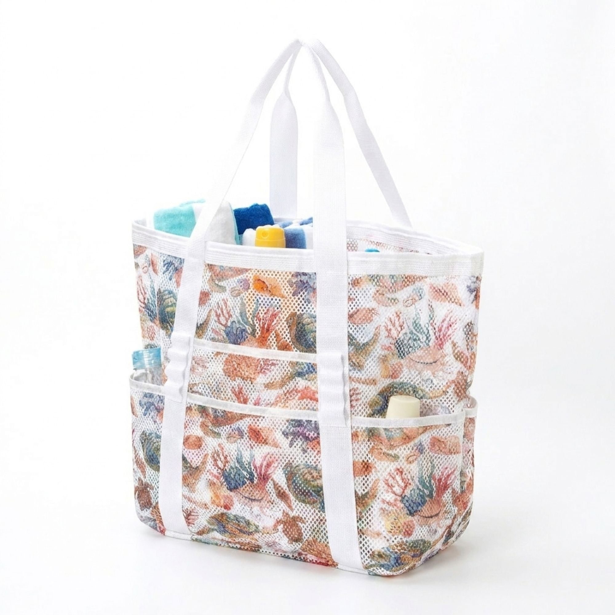 Mesh Beach Tote Bag with Beach Themed Print and Shoulder Handles