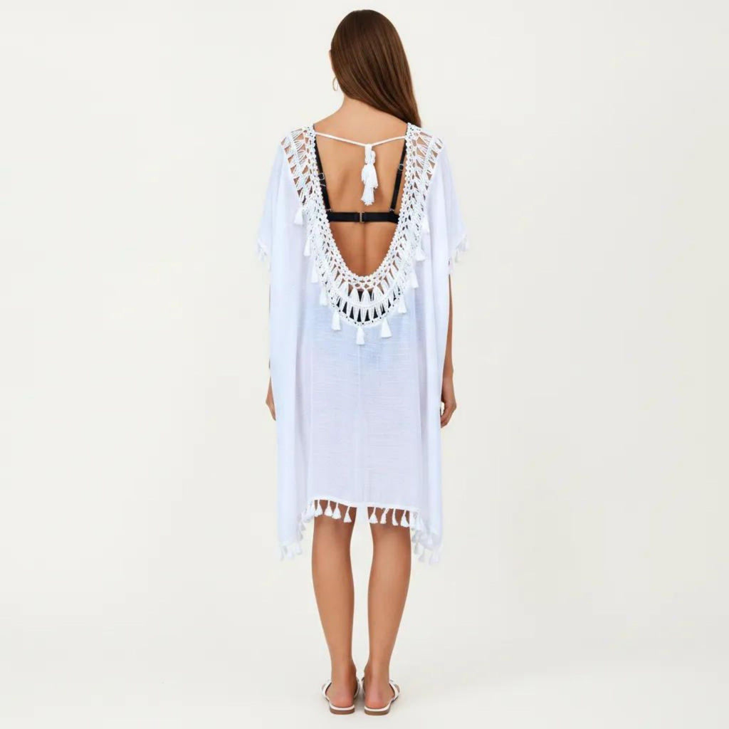 Anna-Kaci Women's Sheer Crochet V Neck Swim Cover Up Poncho with Tassel Trim and Flowy Silhouette