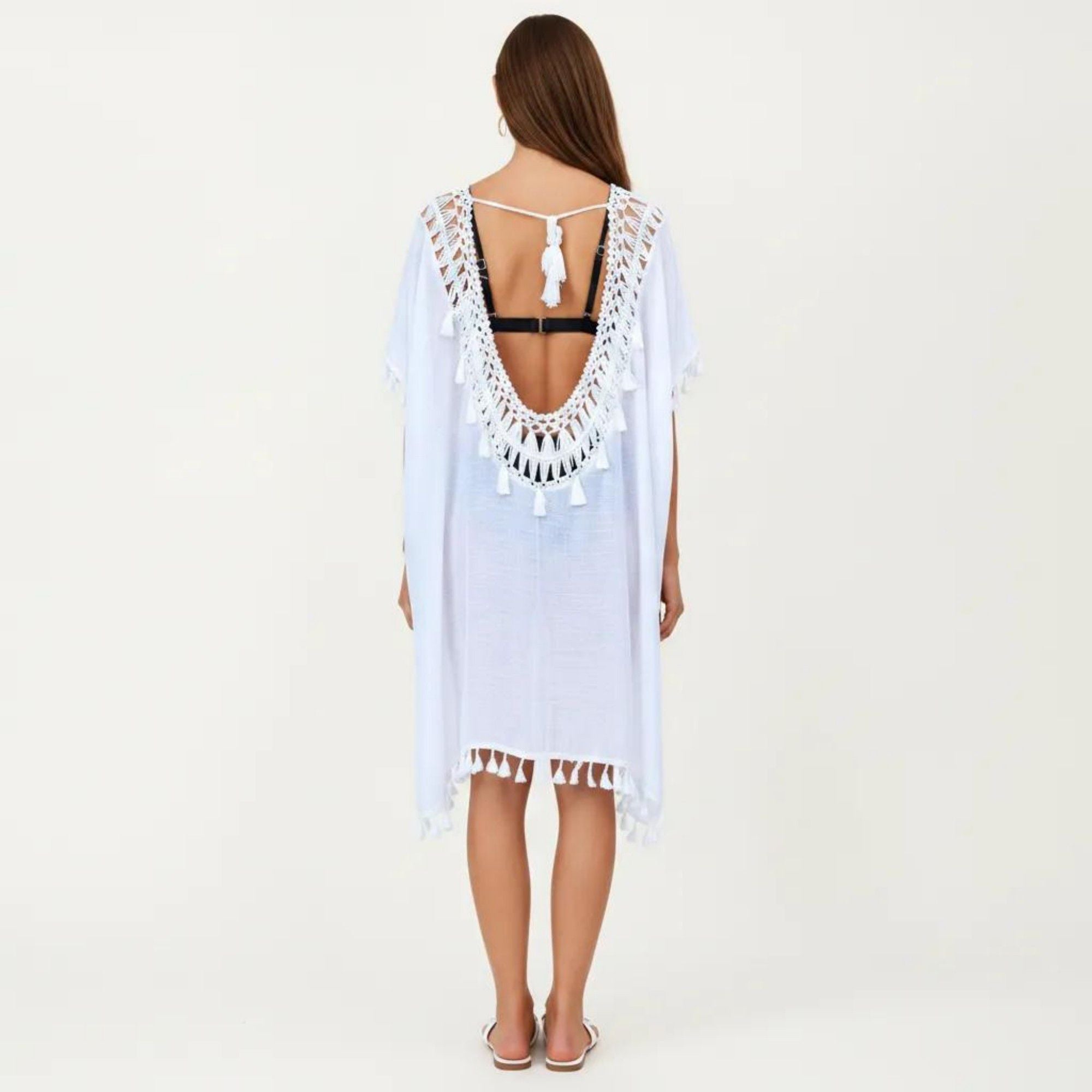 Anna-Kaci Women's Sheer Crochet V Neck Swim Cover Up Poncho with Tassel Trim and Flowy Silhouette