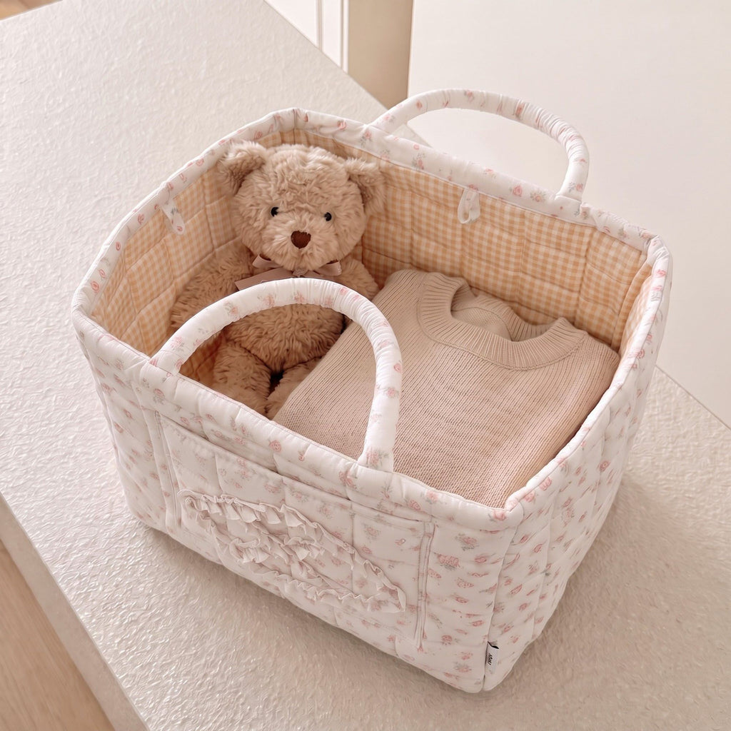 Floral Quilted Fabric Storage Tote with Handles and Pocket