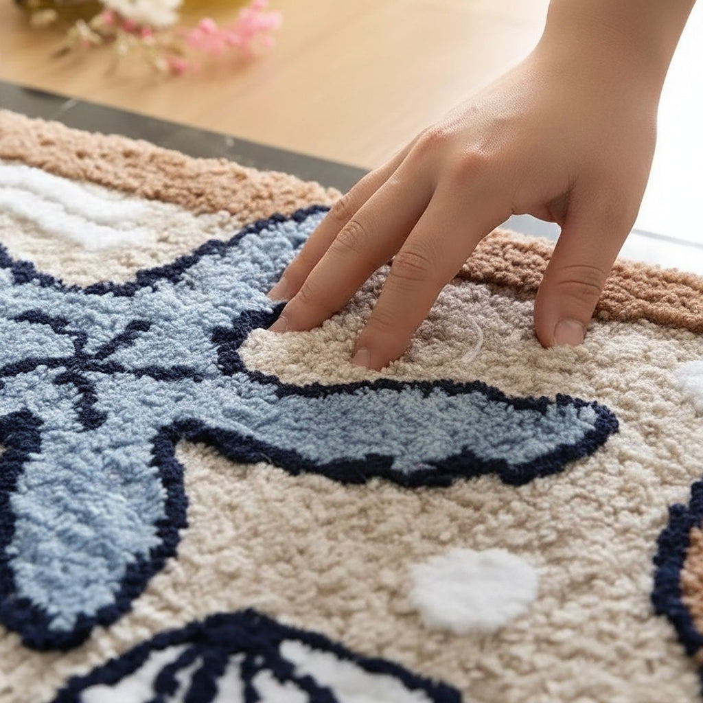 Tufted Floor Mat with Seashell and Starfish Design Non Slip Backing Soft Plush Decorative Entryway Rug
