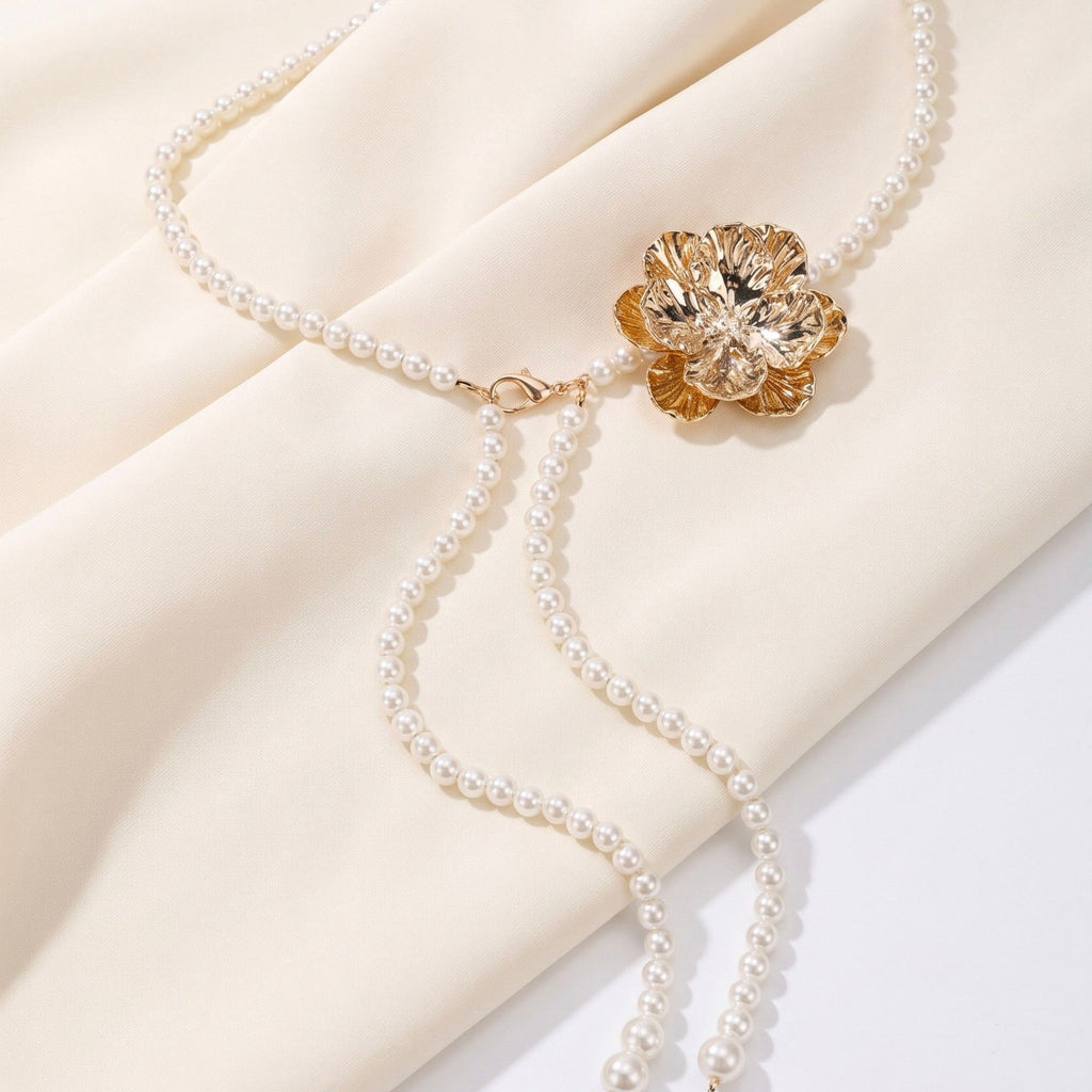 Single Textured Floral Plastic Pearl Waist Chain Adjustable Vintage Statement Waist Jewelry 43.3in