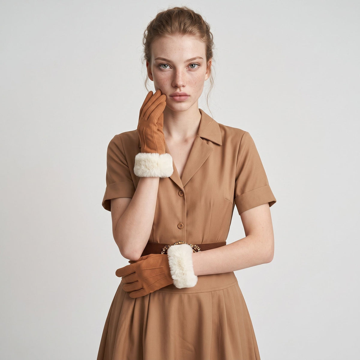 Faux Fur Cuff Full Finger Gloves with Soft Suede Like Finish