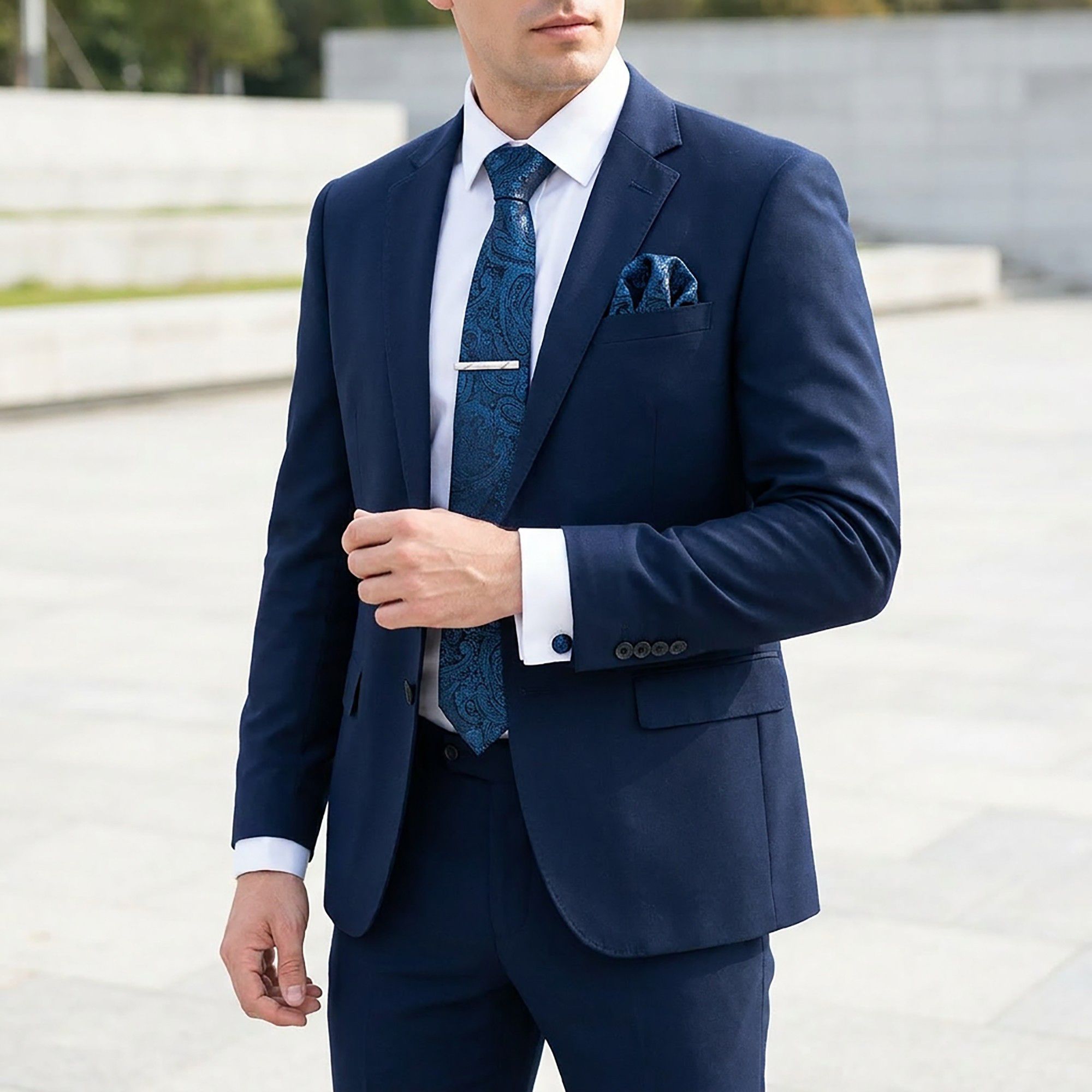 Men's Floral Print Tie Gift Set with Matching Pocket Square Cufflinks and Silver Tie Clip