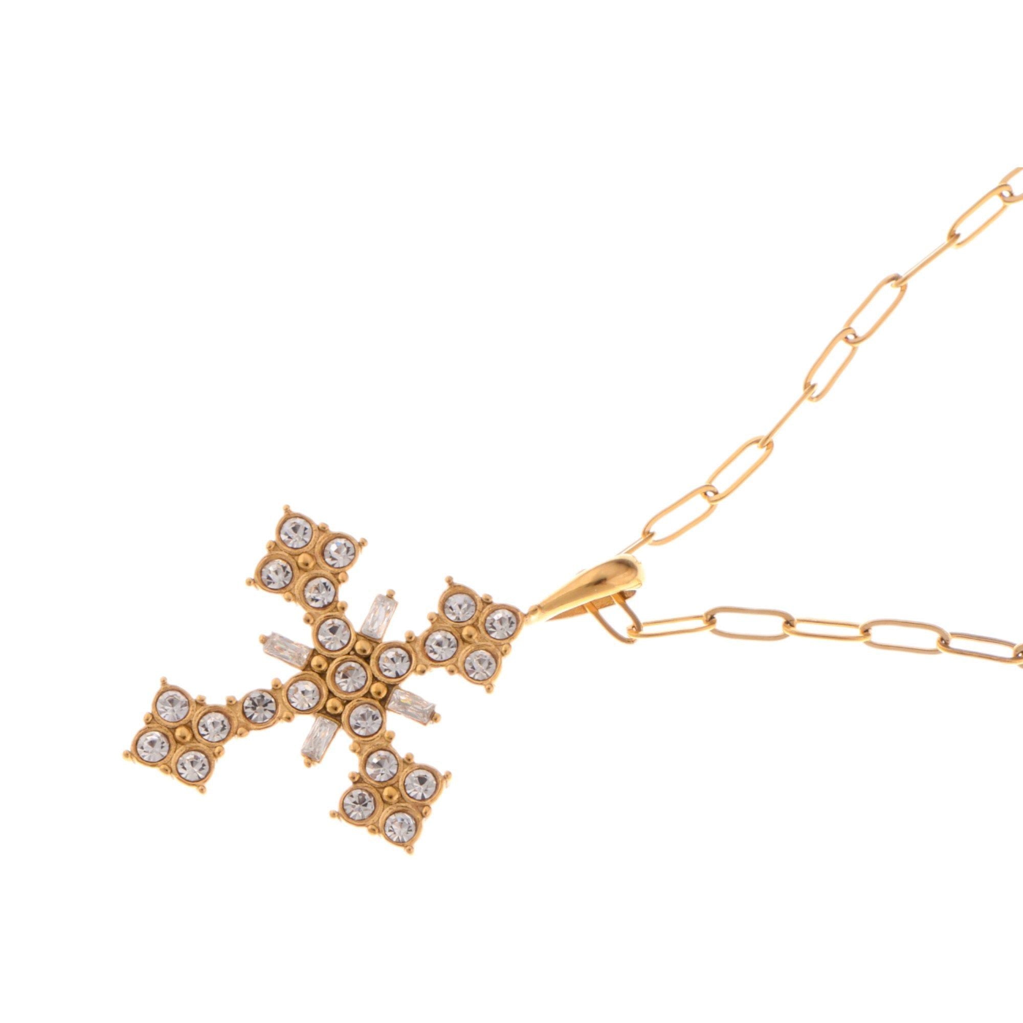 Anna-Kaci Gold Tone Cross Fashion Necklace with Rhinestone Detailing