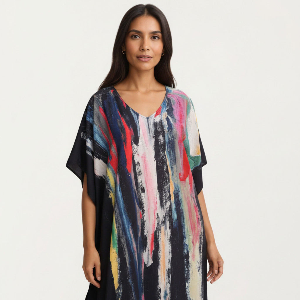 Anna-Kaci Women's Abstract Print Maxi Caftan Dress with V-Neckline Short Sleeves and Relaxed Draped Silhouette