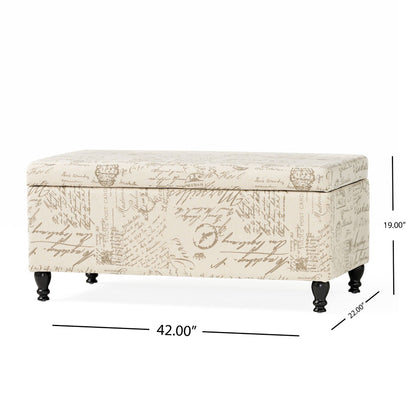 Alilang 42.00 inches Vintage-Inspired Printed Script Storage Ottoman with Hinged Lid and Wooden Legs