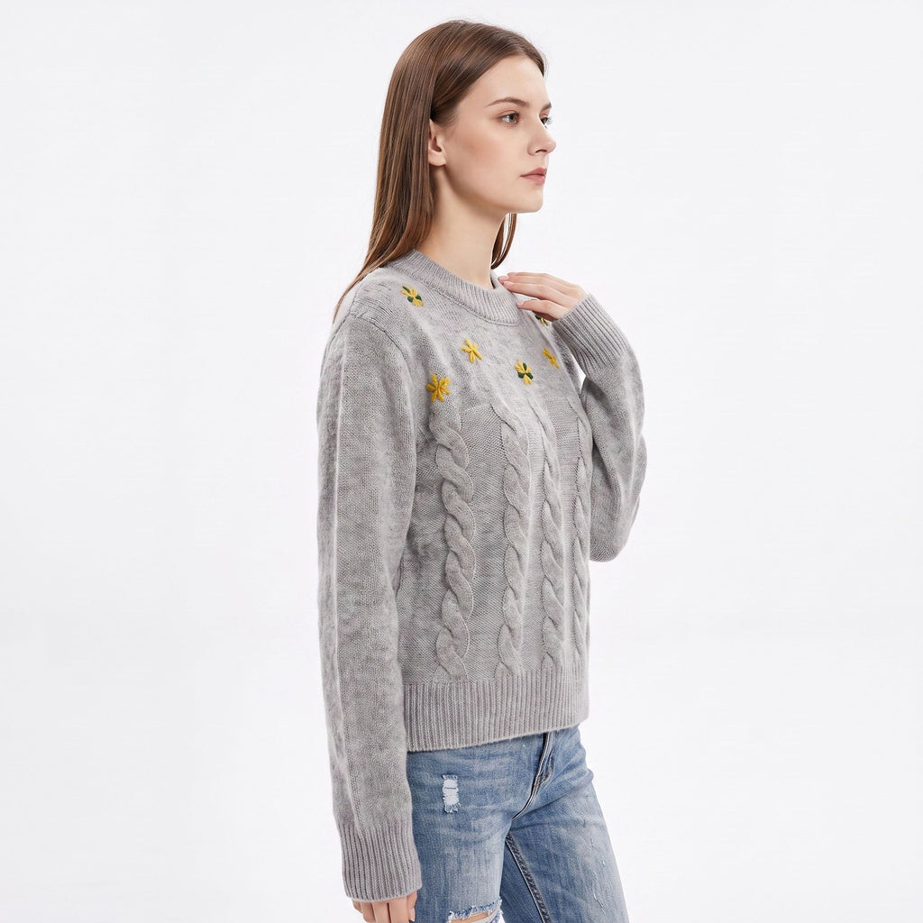 Floral Embroidered Cable Knit Crewneck Sweater