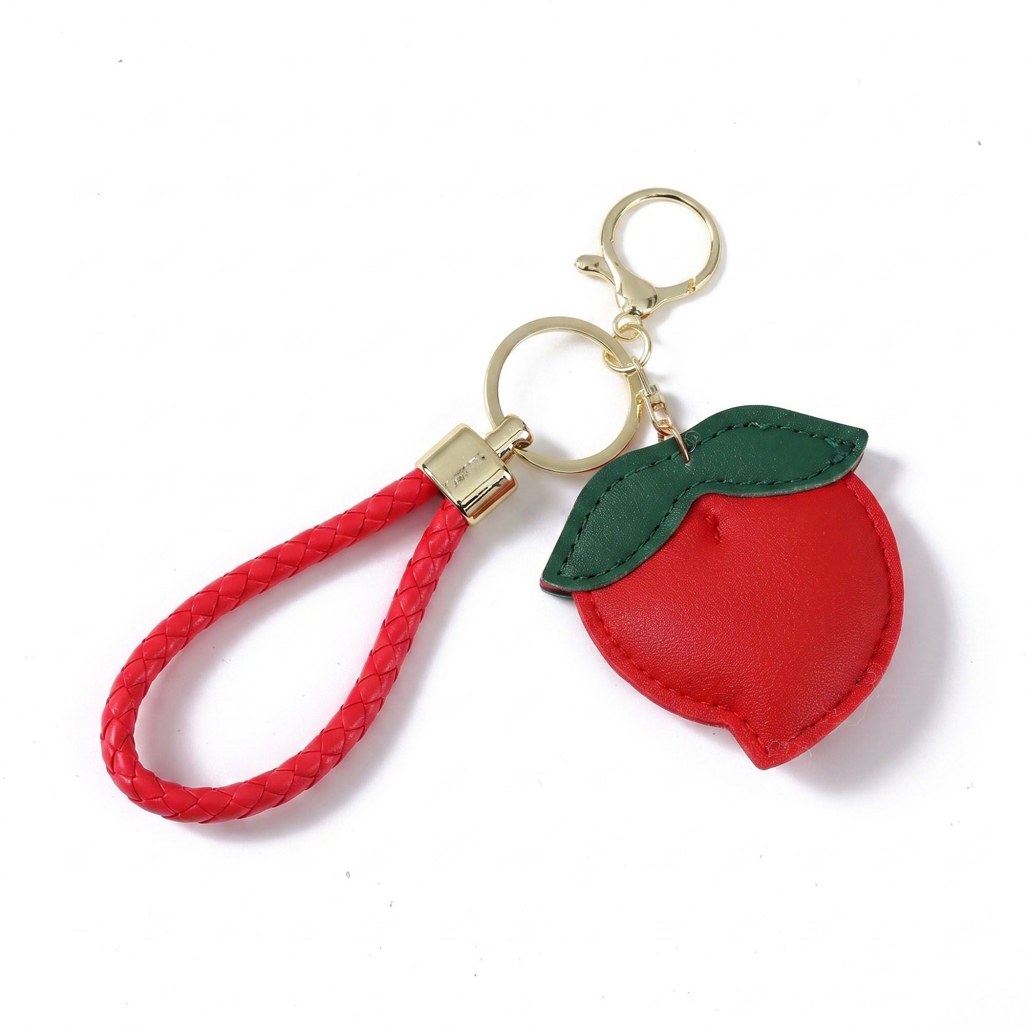 Peach Bag Charm with Braided Leather Loop and Gold Tone Hardware