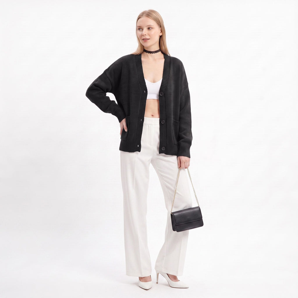 Oversized V Neck Button Front Cardigan with Pockets