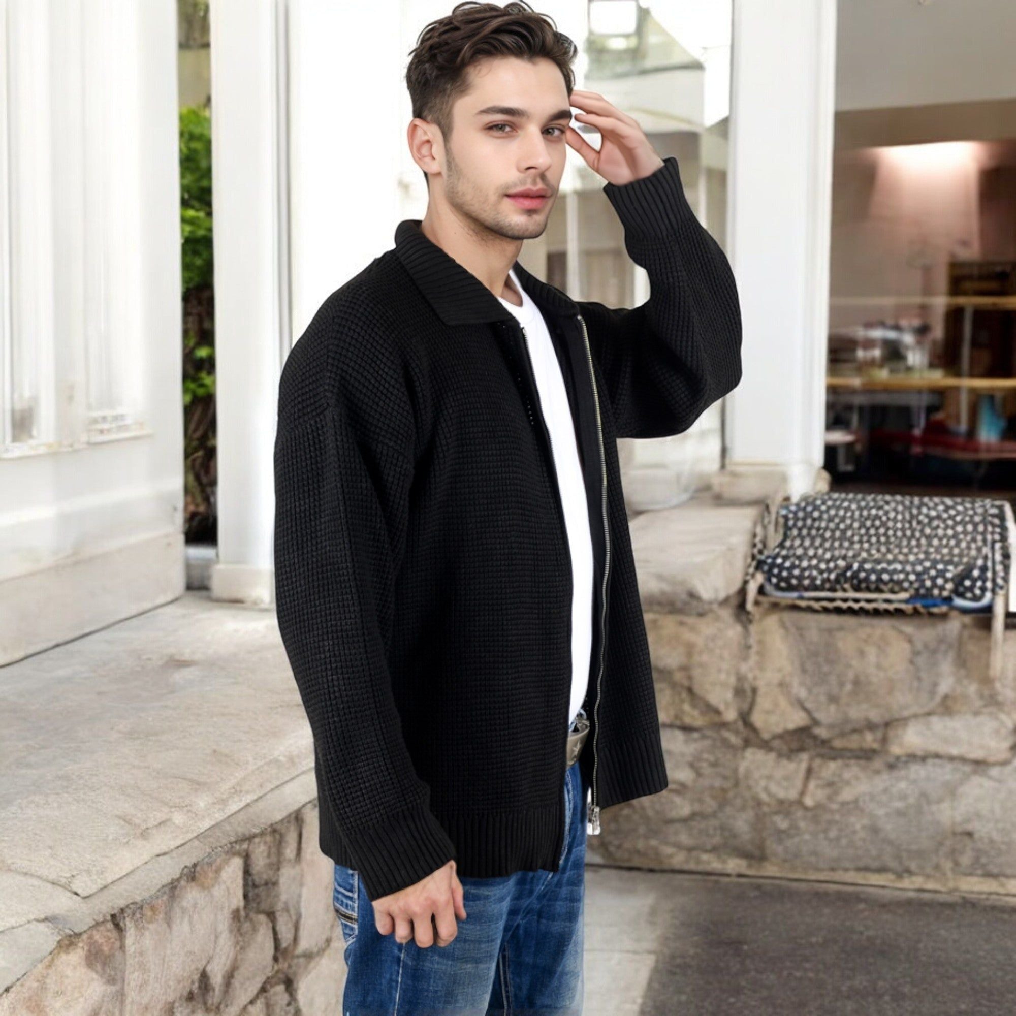 Anna-Kaci Men's Waffle Knit Zip-Up Cardigan with Classic Collar and Relaxed Fit