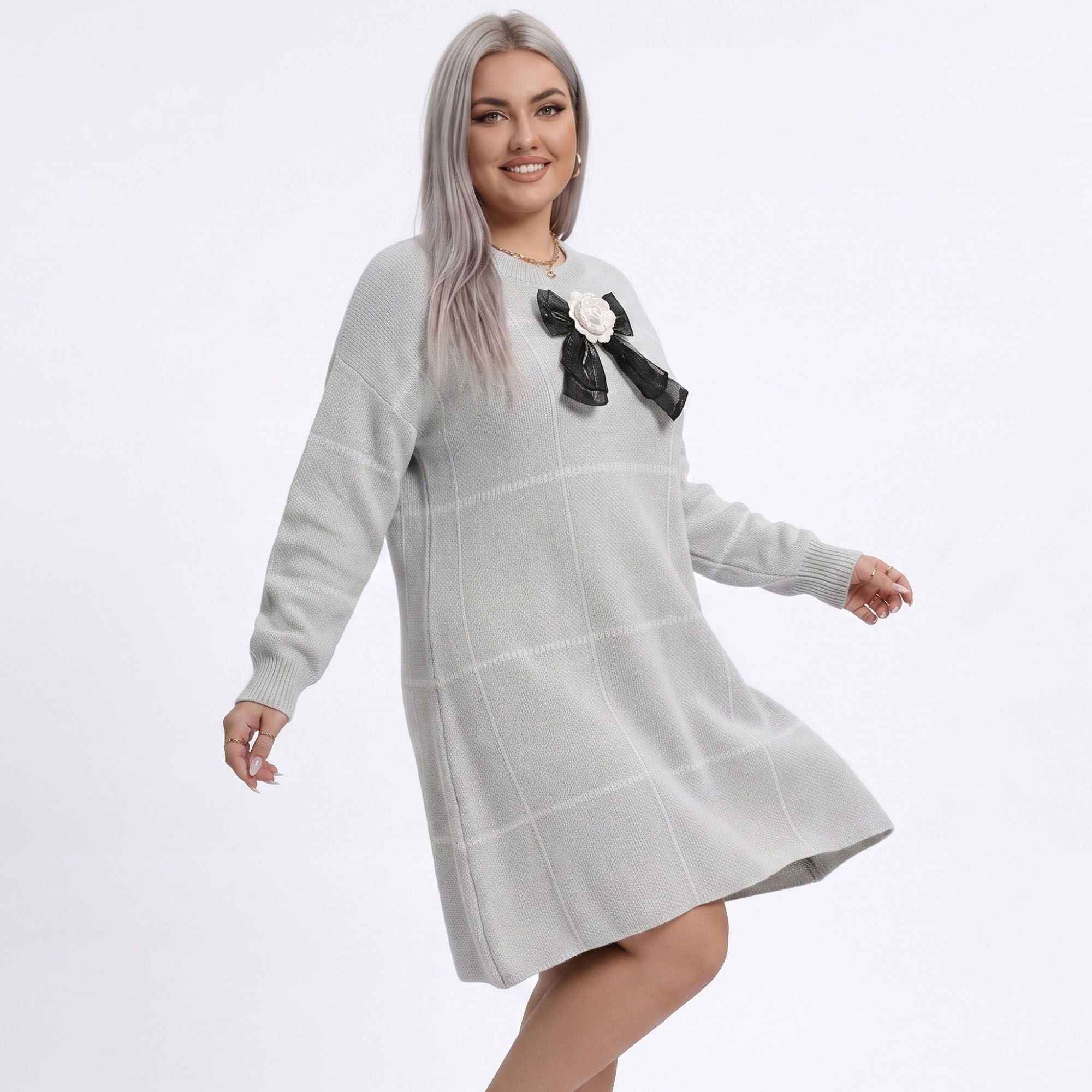 Plus Size Plaid Bow Detail Sweater Dress