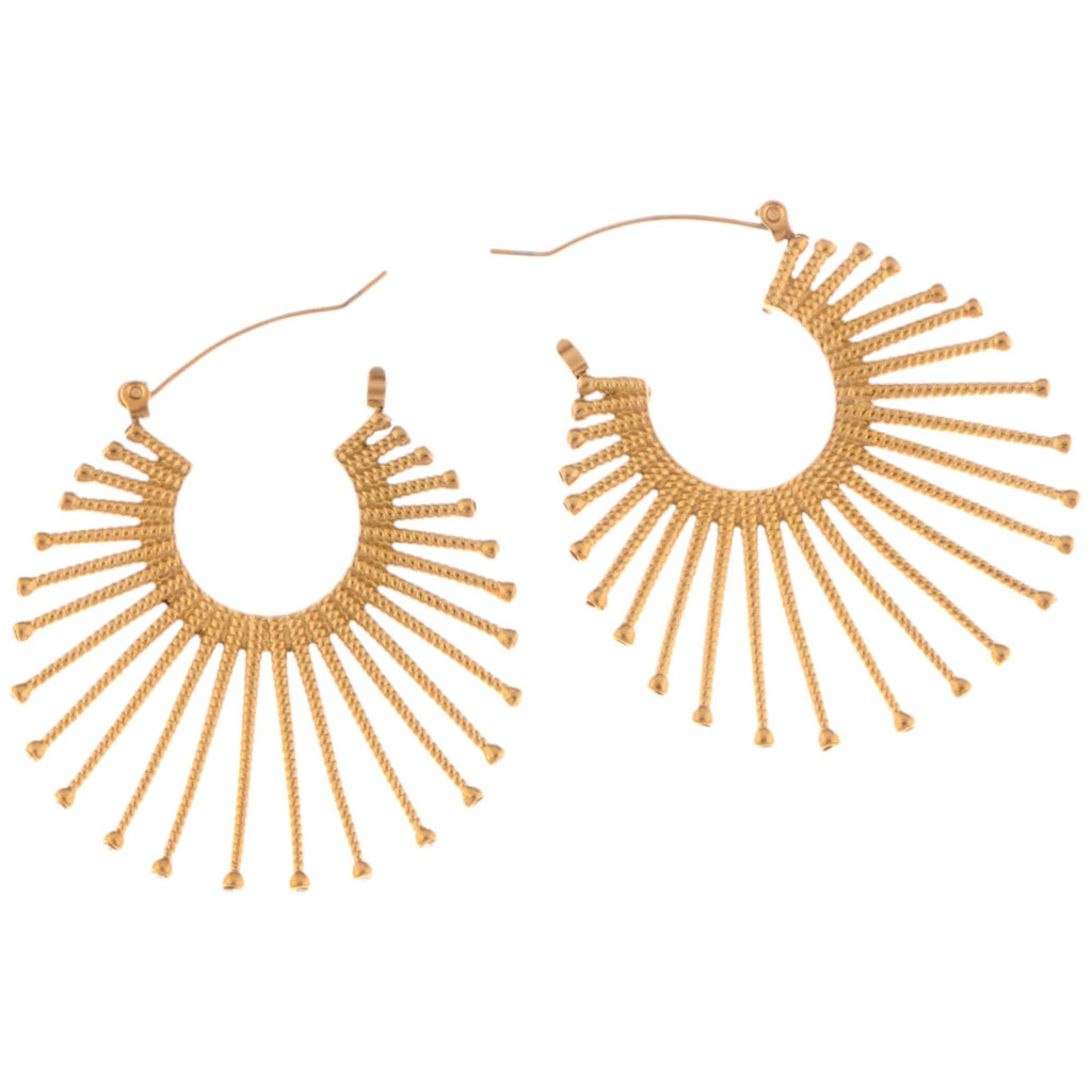 Gold Fan Hoop Fashion Earrings with Intricate Textured Detailing