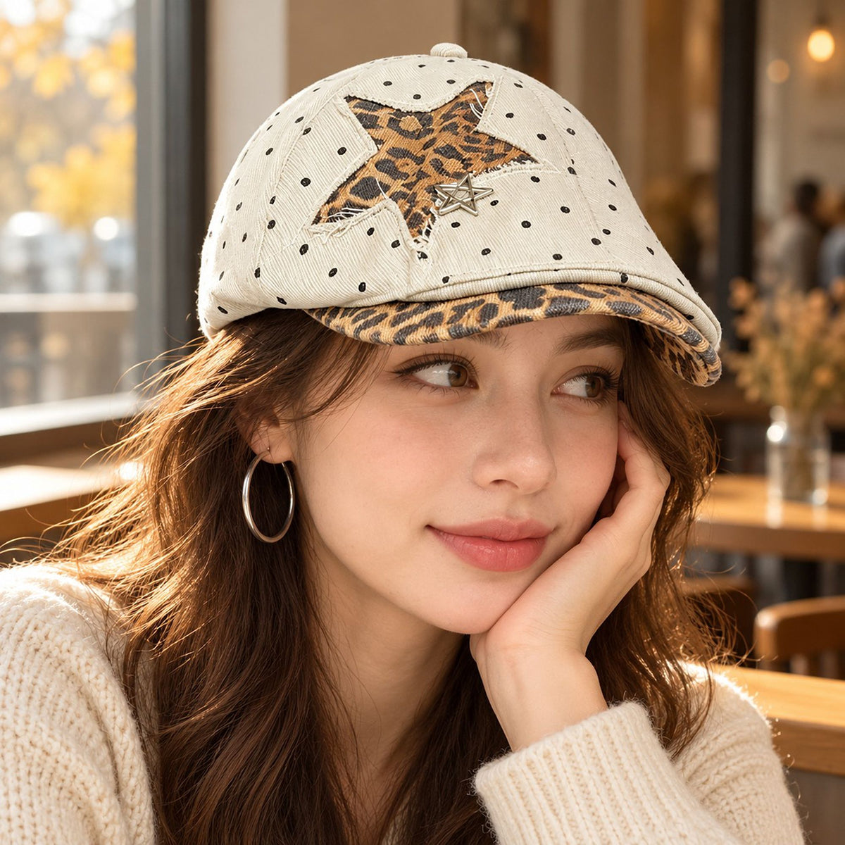 Polka Dot Newsboy Cap with Leopard Print Star and Charm