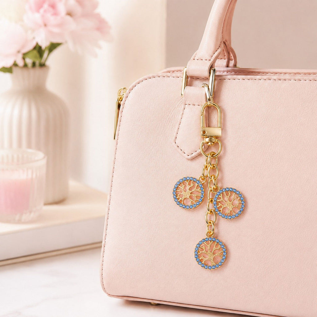 3pc Tree Medallion Keychain Bag Charm with Rhinestone Trim Gold Tone Chain and Clip