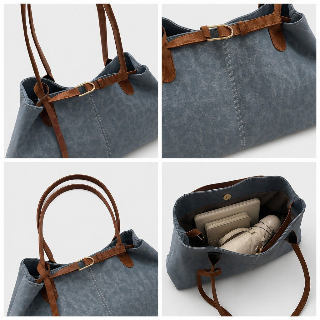 Leopard Print Shoulder Tote Bag with Magnetic Closure Buckle Detail and Tassel