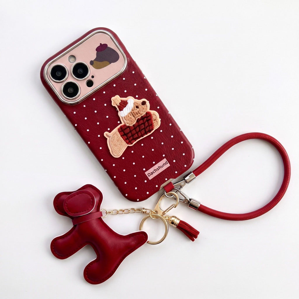 Dachshund Phone Case Wristlet Set Dog Charm Tassel Polka Dot Decorative Cover