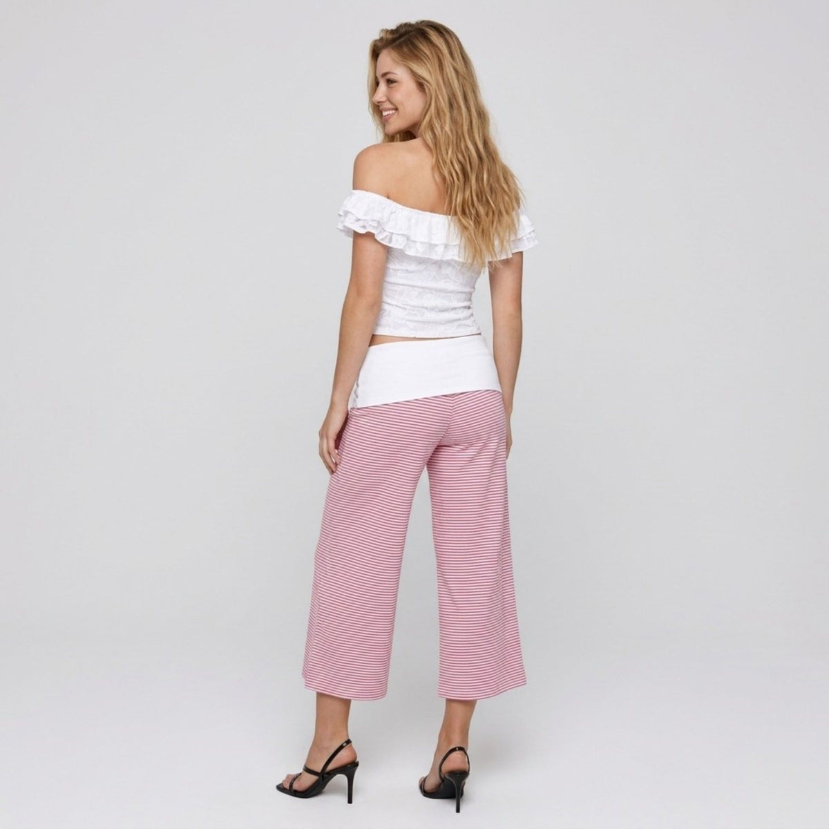 Contrast Foldover Waistband Striped Cropped Wide-Leg Trousers