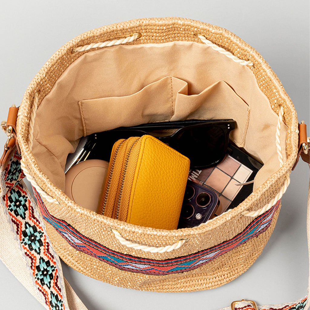 Woven Straw Bucket Bag with Pattern Strap Drawstring Closure Tassel Detail Crossbody Handbag