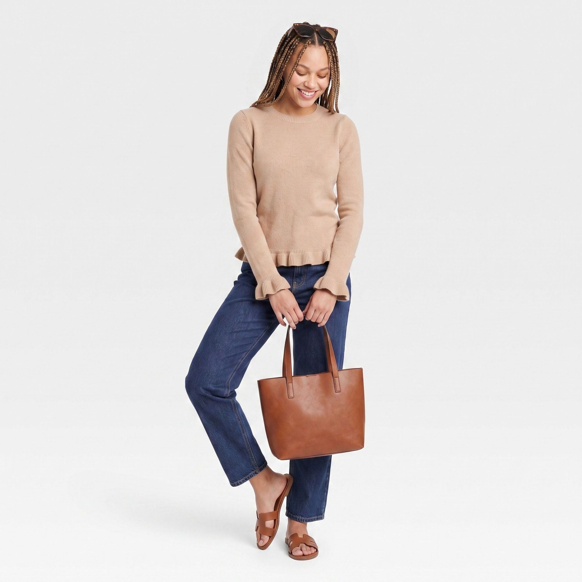 Ruffle Hem Crew Neck Long Sleeve Knit Sweater